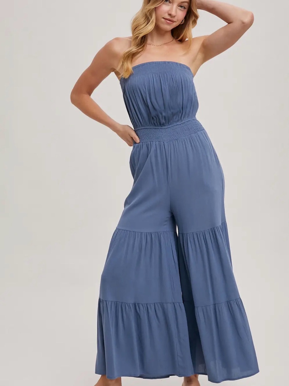Smocked Strapless Wide-Leg Jumpsuit in Dusty Blue